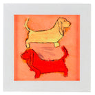 Red, orange and yellow painting of two dogs, one on top of the other 