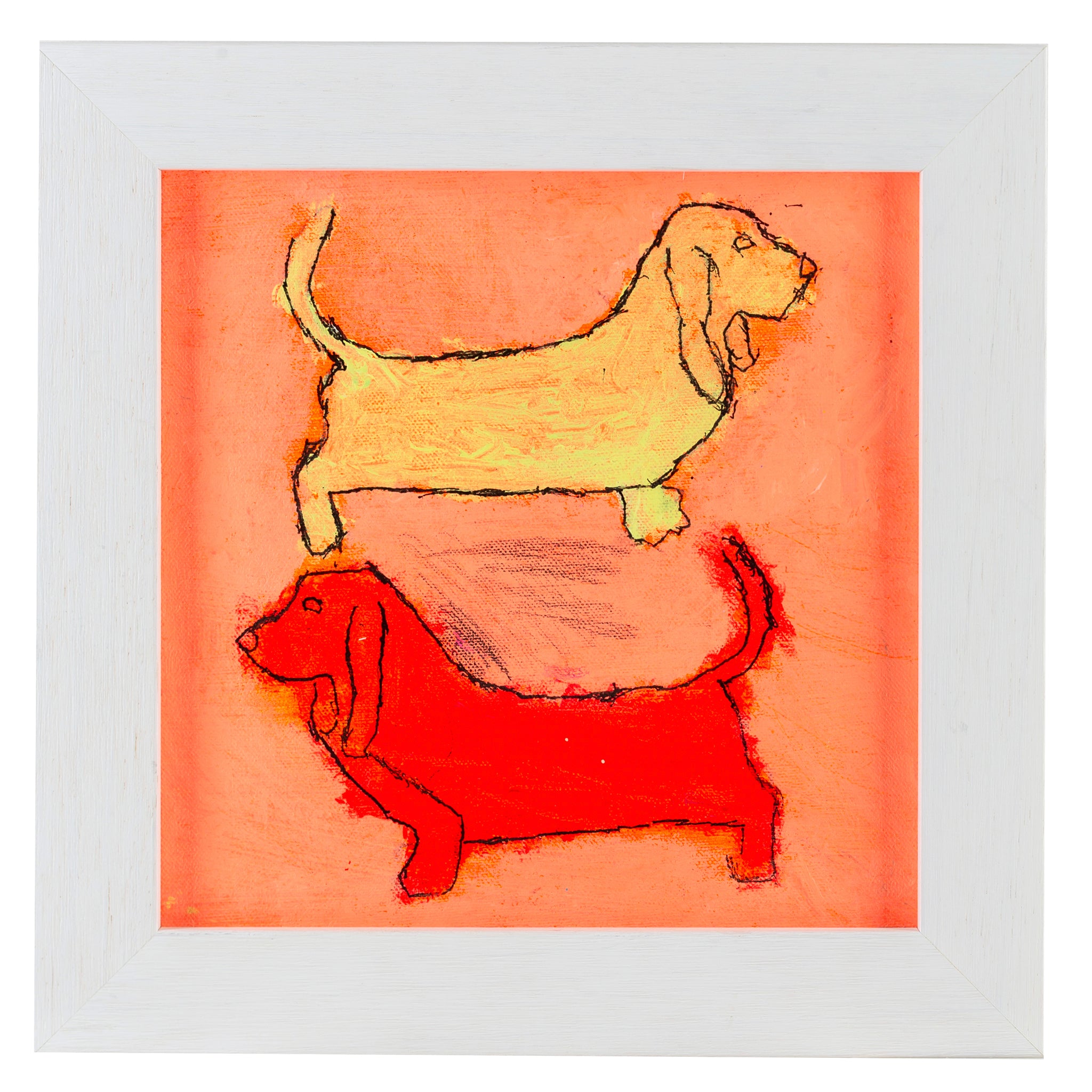 Red, orange and yellow painting of two dogs, one on top of the other 