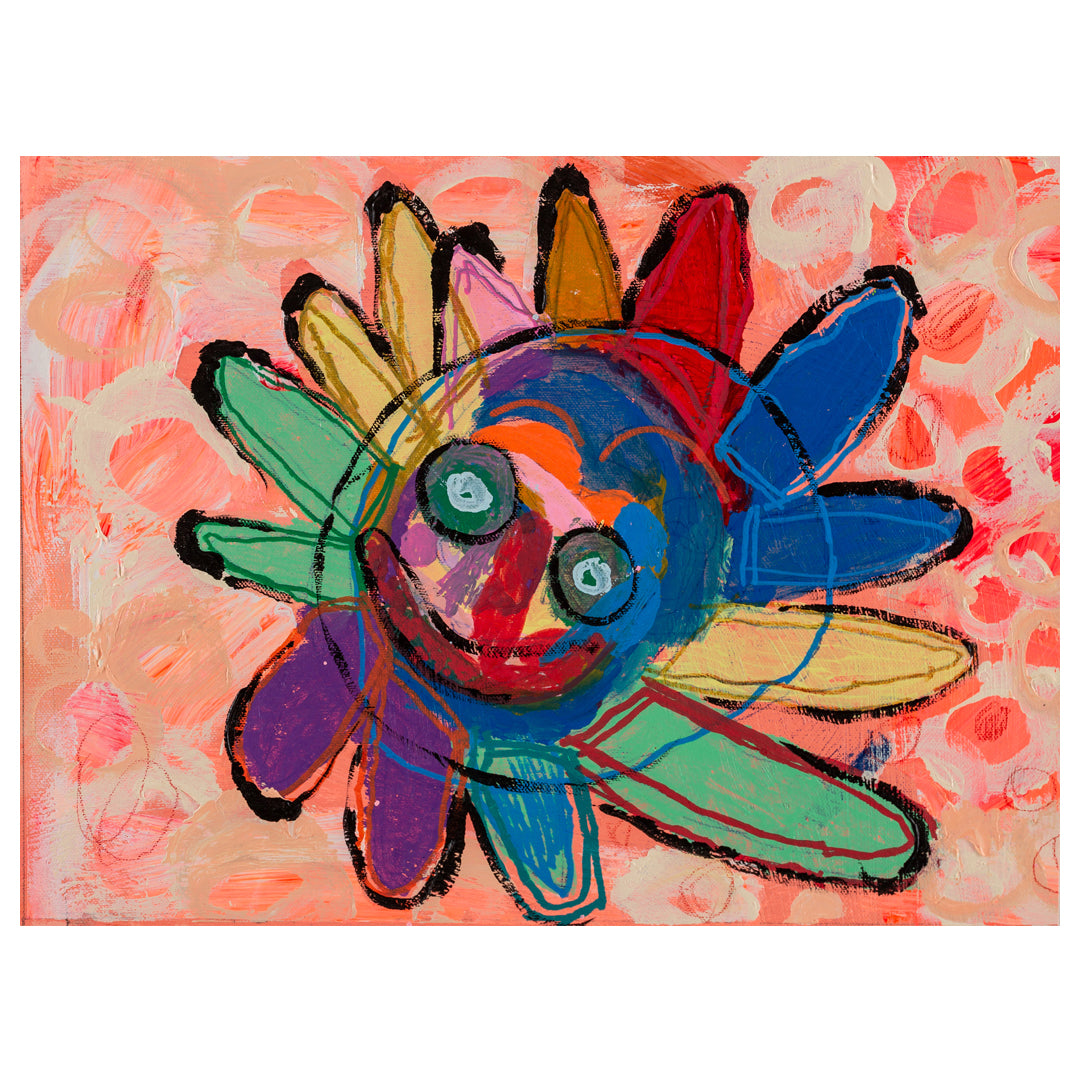 Unframed painting of a colourful flower mask