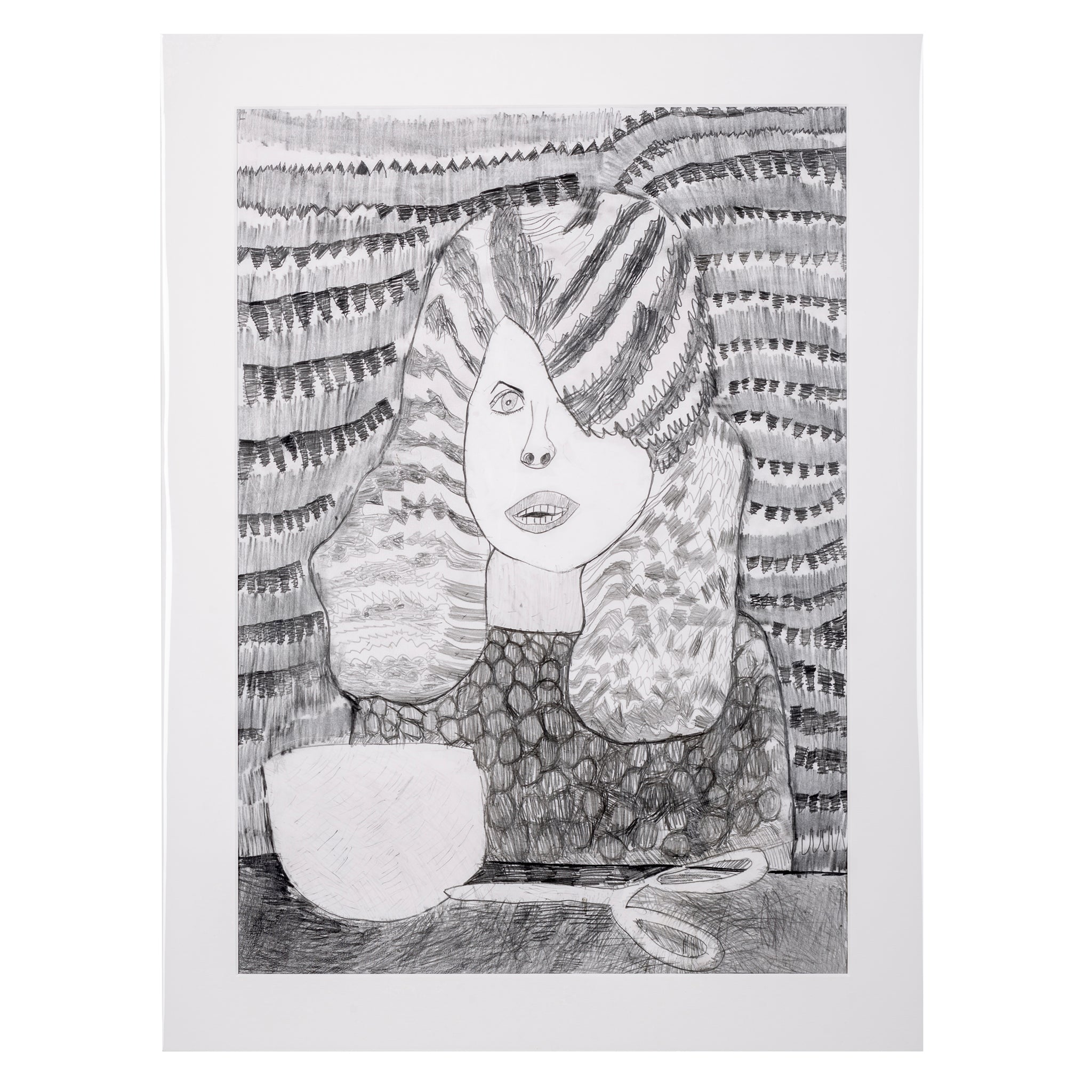 Hand drawn picture in pencil of a woman at the hairdressers