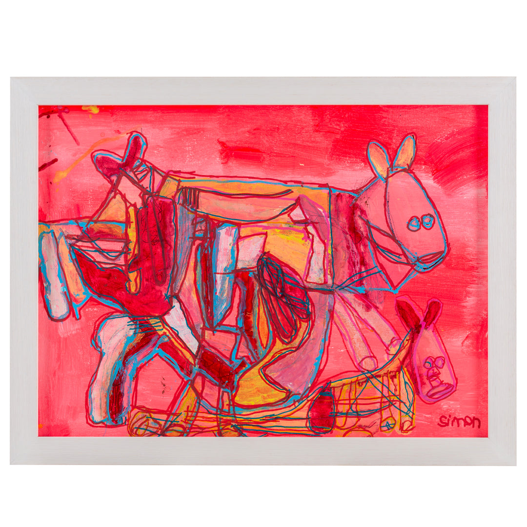 Framed bright coloured painting of several horses in pinks, blues and yellow