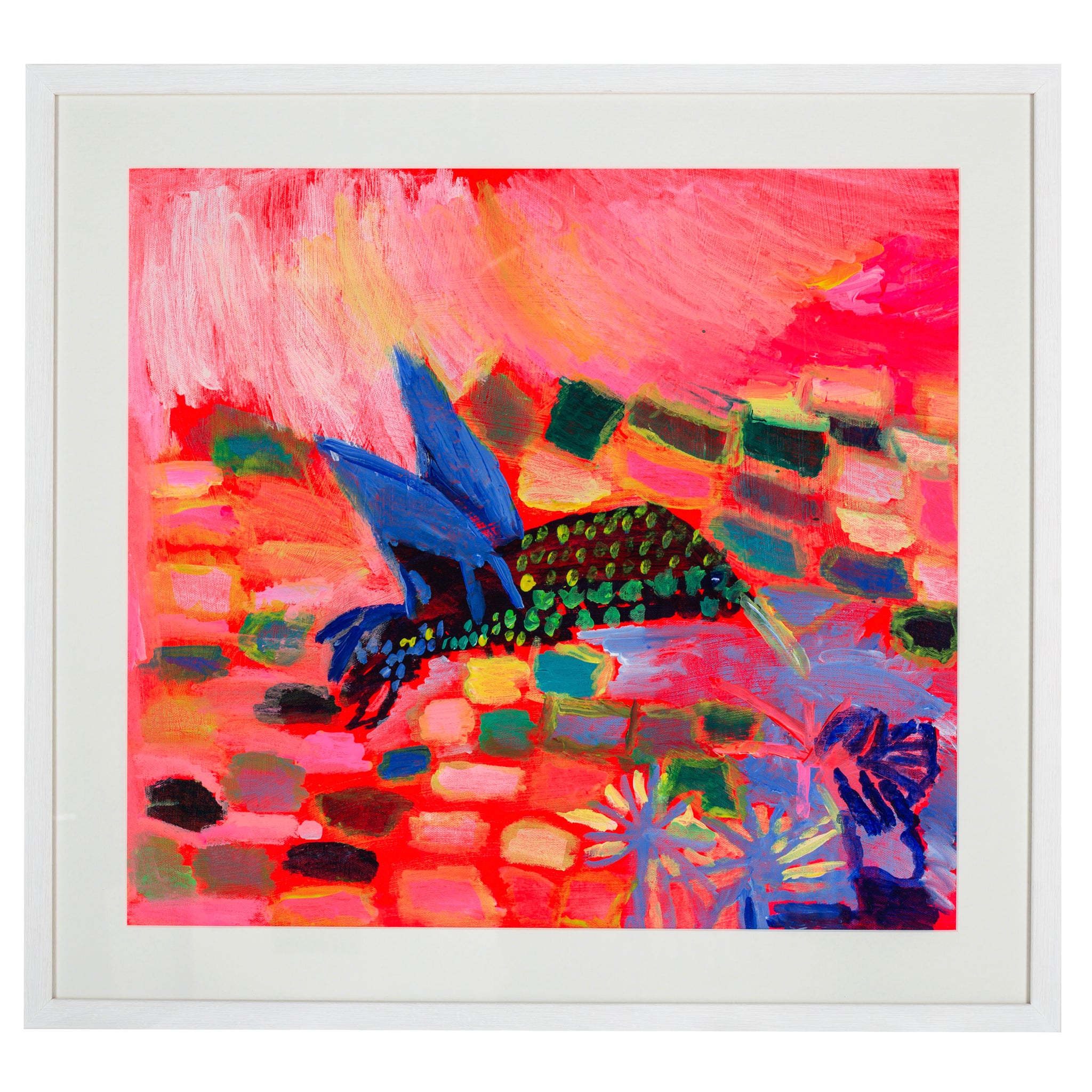Framed bright coloured hand painted picture of a hummingbird called Hum of Summer