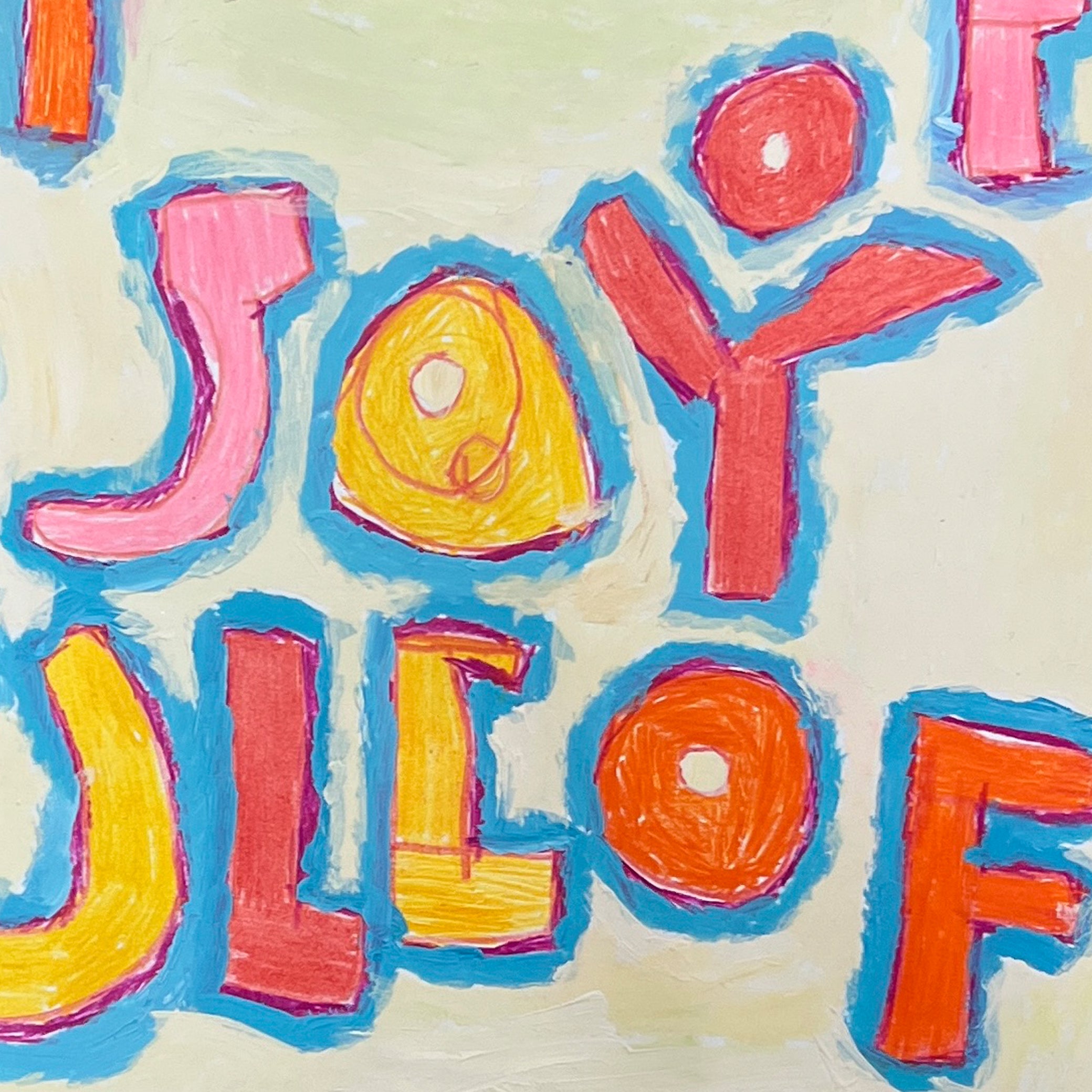 Close up on 'I am Joy Painting' in blues, reds and yellows