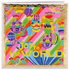 Colourful and geometric greetings card with bright colours and text that reads 'Joy to the world'.