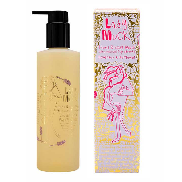 Bottle and box of Lady Muck, Hand & Body Wash, Lavender & Bergamot