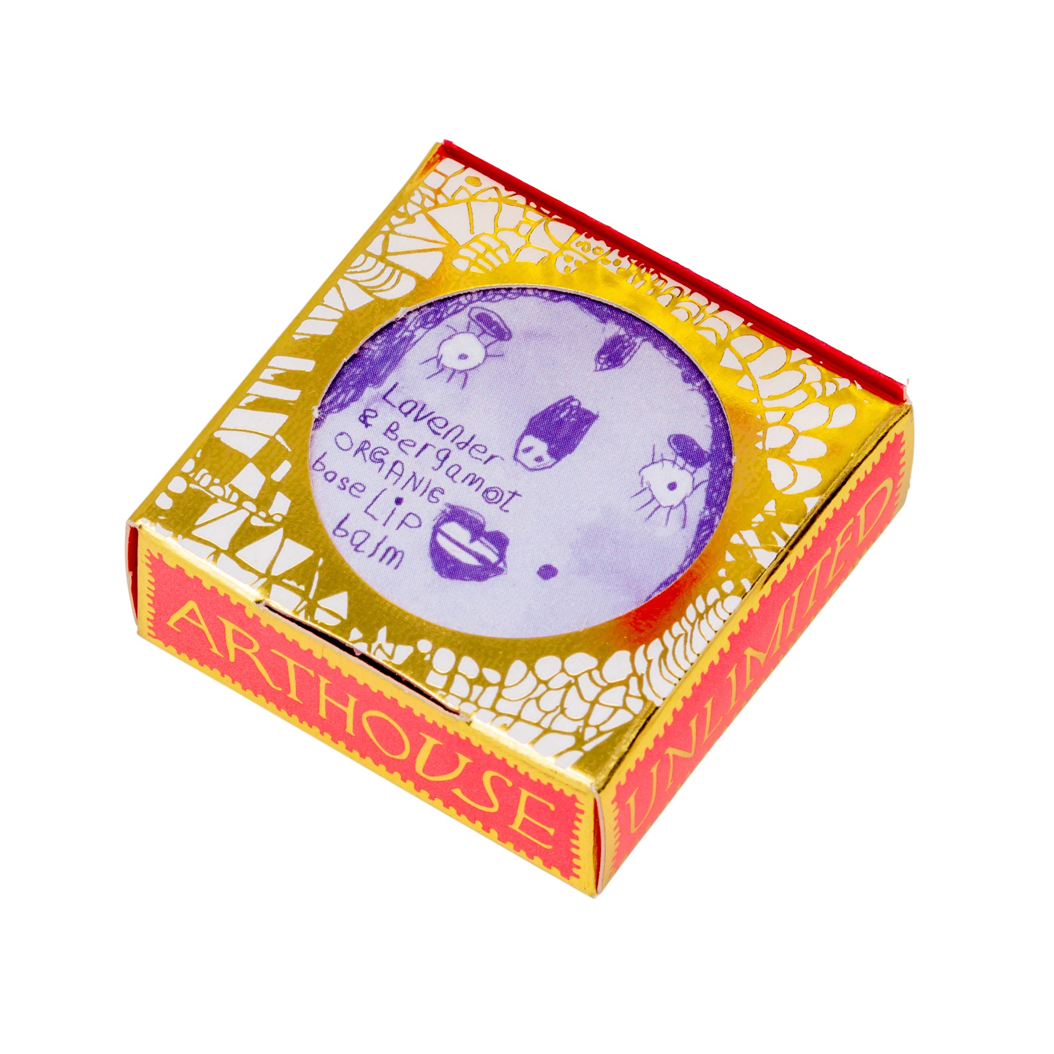 Pink and gold box containing Lady Muck, Lip Balm, Lavender & Bergamot