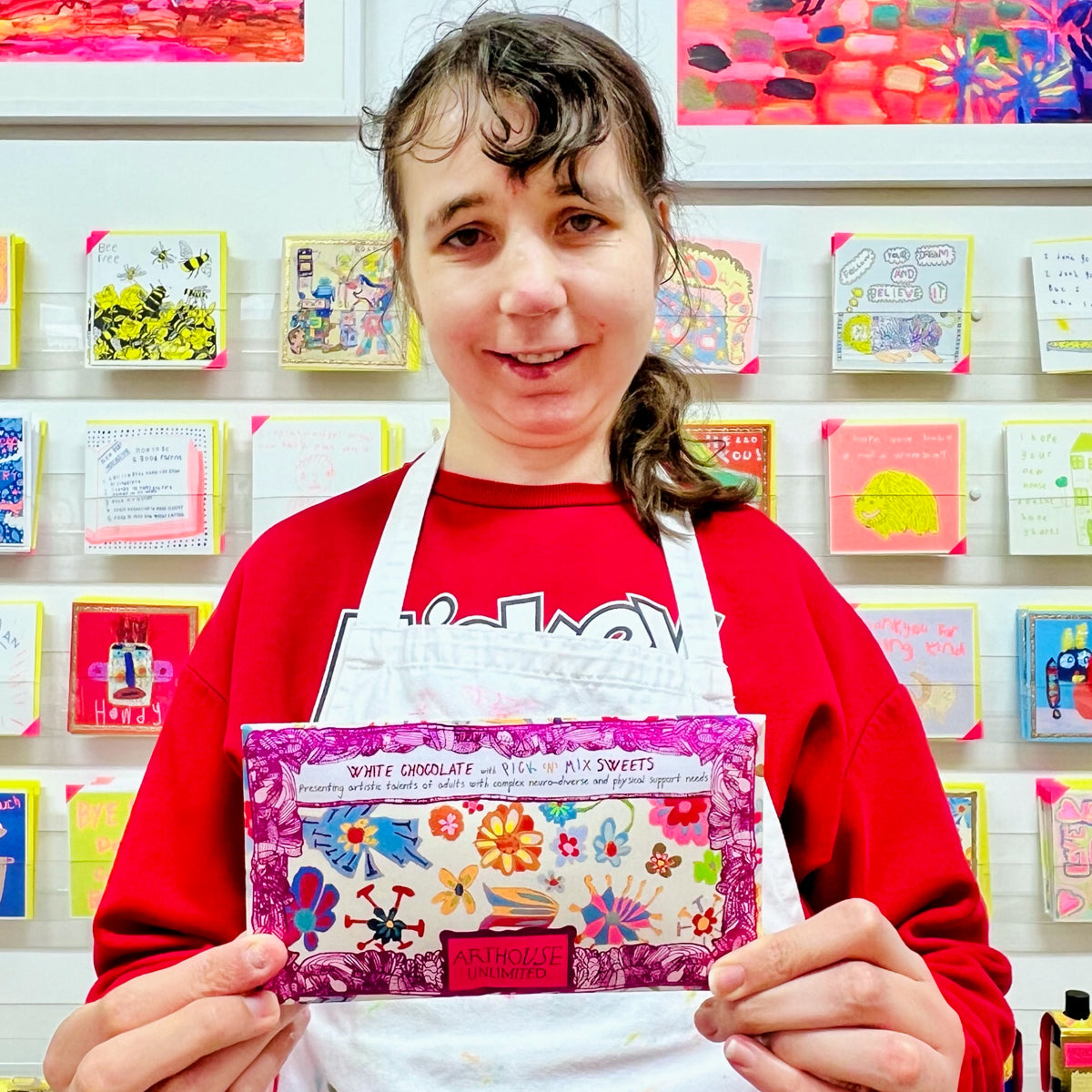 Female artist holding Yellow Daffodil White Chocolate Bar with Pick 'n' Mix Sweets