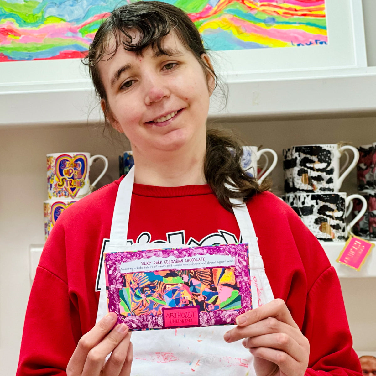 Female artist holding Psychedelia, Silky Dark Columbian Chocolate bar