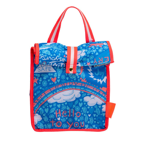A multicolored insulated lunch bag with blue, pink, and white accents, featuring artistic text and abstract designs.