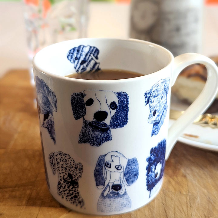 a cup of tea in Blue Dogs, Fine Bone China Mug with dog drawings