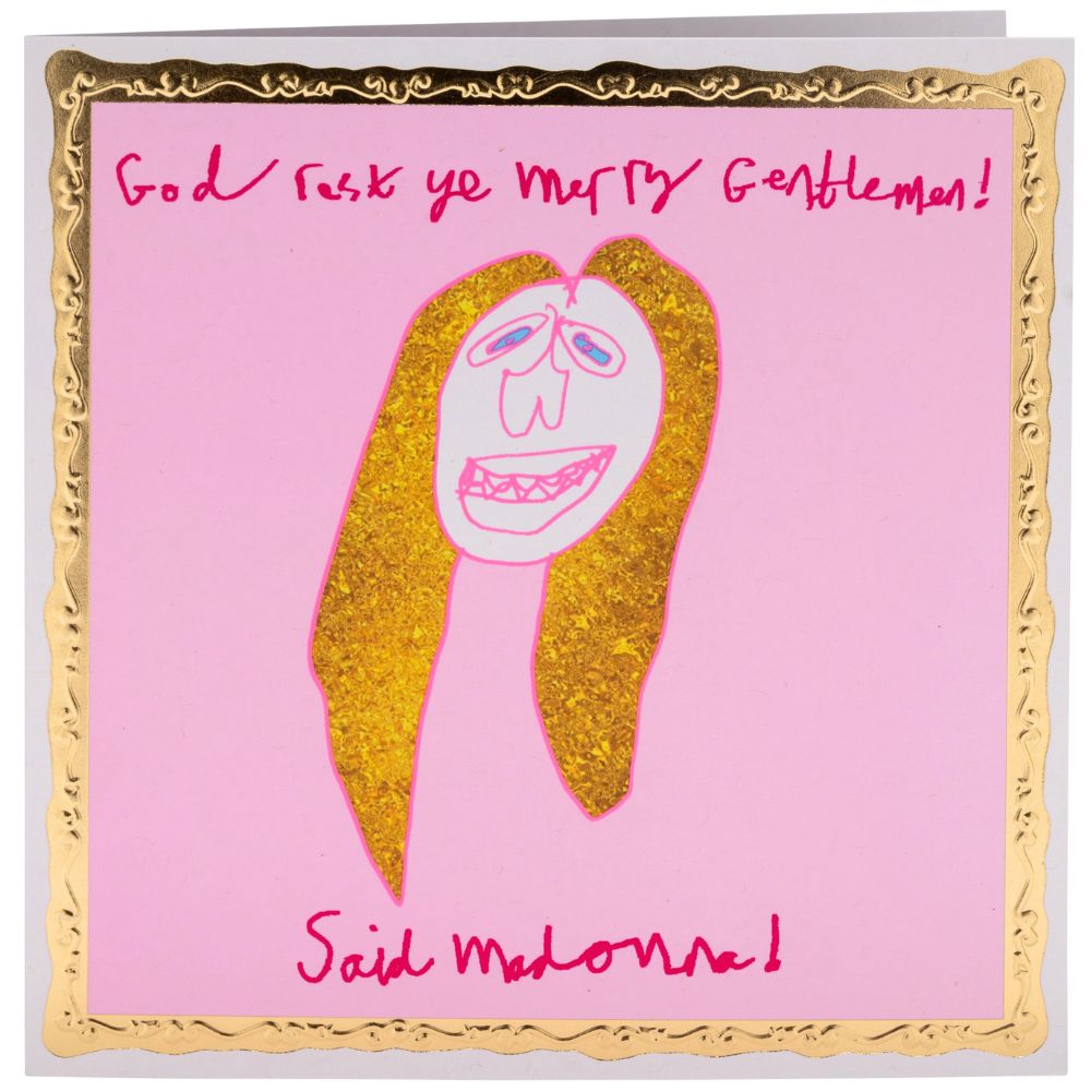 Illustration of Madonna on a pink background with Christmas message that reads 'God rest ye merry gentlemen! Said Madonna!'