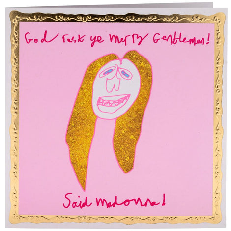 Illustration of Madonna on a pink background with Christmas message that reads 'God rest ye merry gentlemen! Said Madonna!'