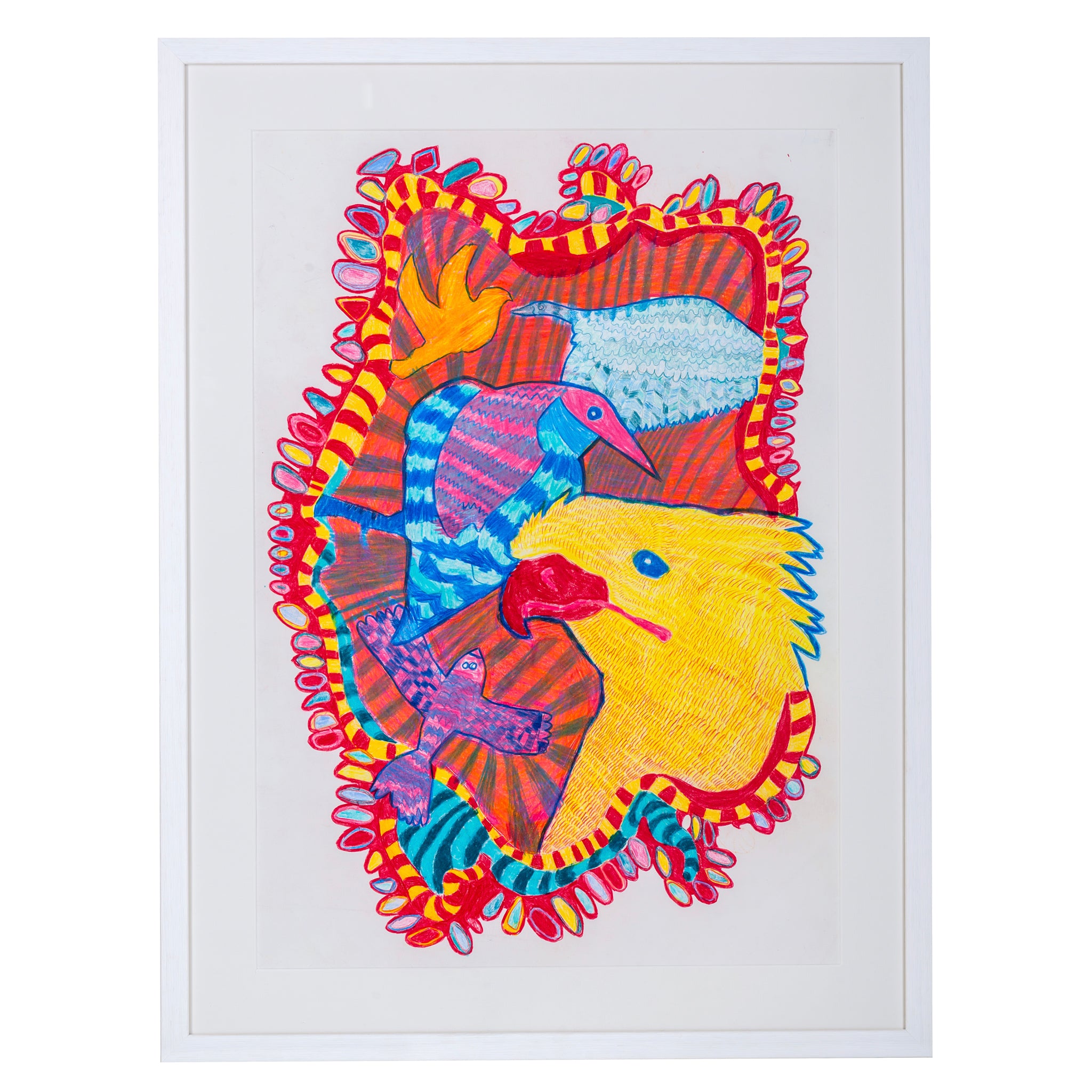 Framed painting of blue, pink and yellow birds 