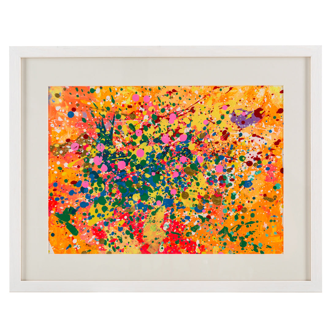 Framed colour painting of pink, orange and yellow splats