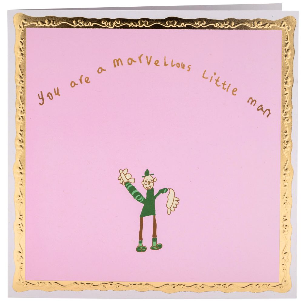 Illustration of small man on light pink background with text that reads 'You are a marvellous little man'.