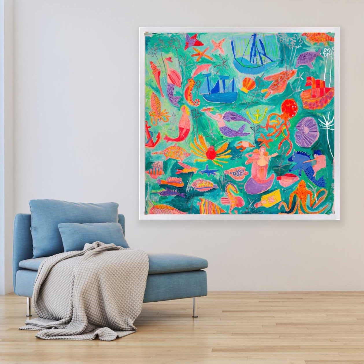 Large bright coloured painting of mermaids, ships and underwater creatures in blues, oranges and pinks  in situ