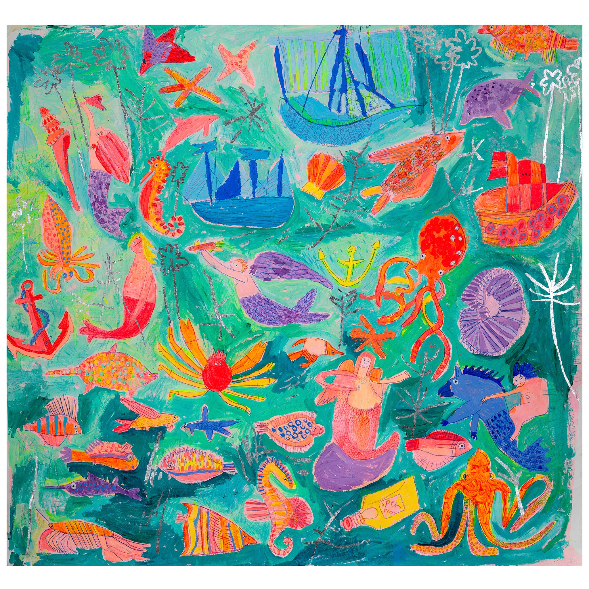Large bright coloured painting of mermaids, ships and underwater creatures in blues, oranges and pinks 