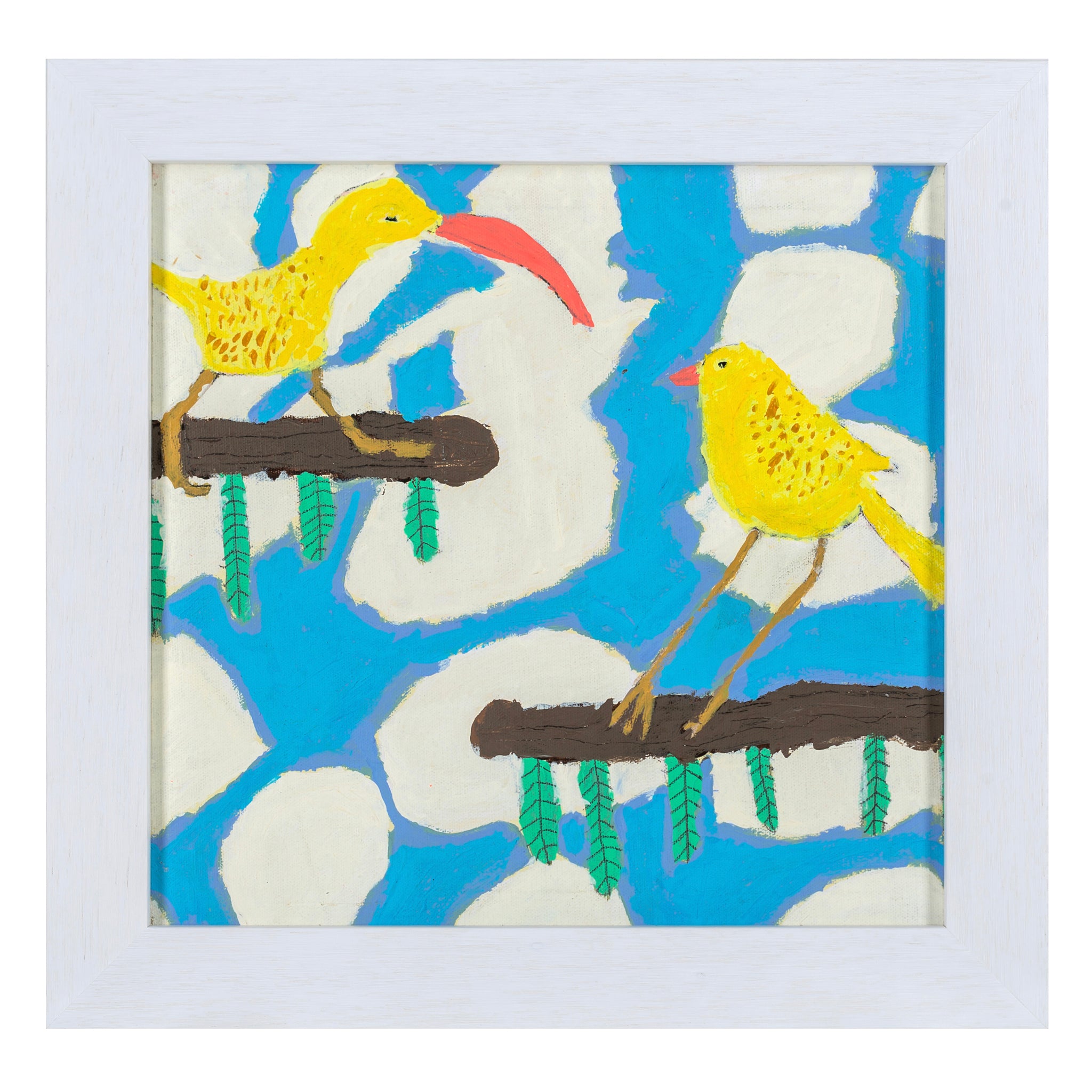 Framed painted birds in blue and yellow called Morning Gossip