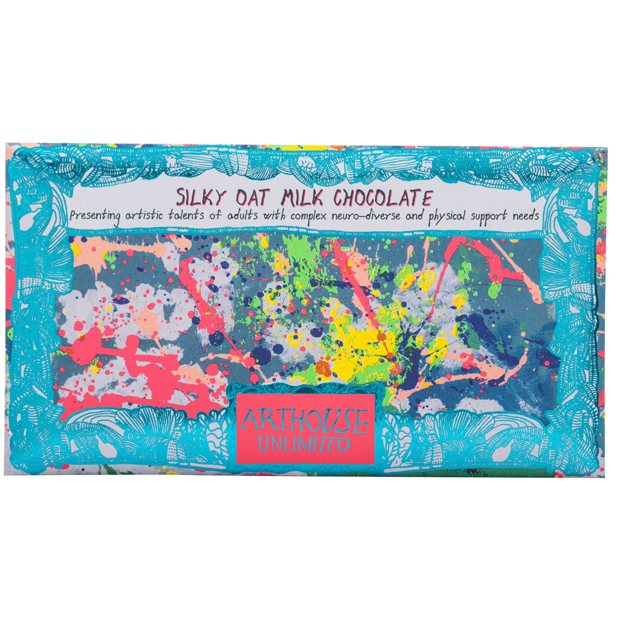 Front of turquoise, pink and green Spring silky oat milk chocolate bar