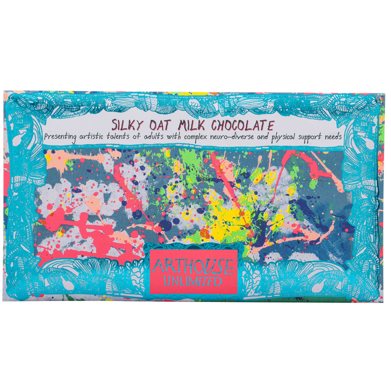 Front of turquoise, pink and green Spring silky oat milk chocolate bar