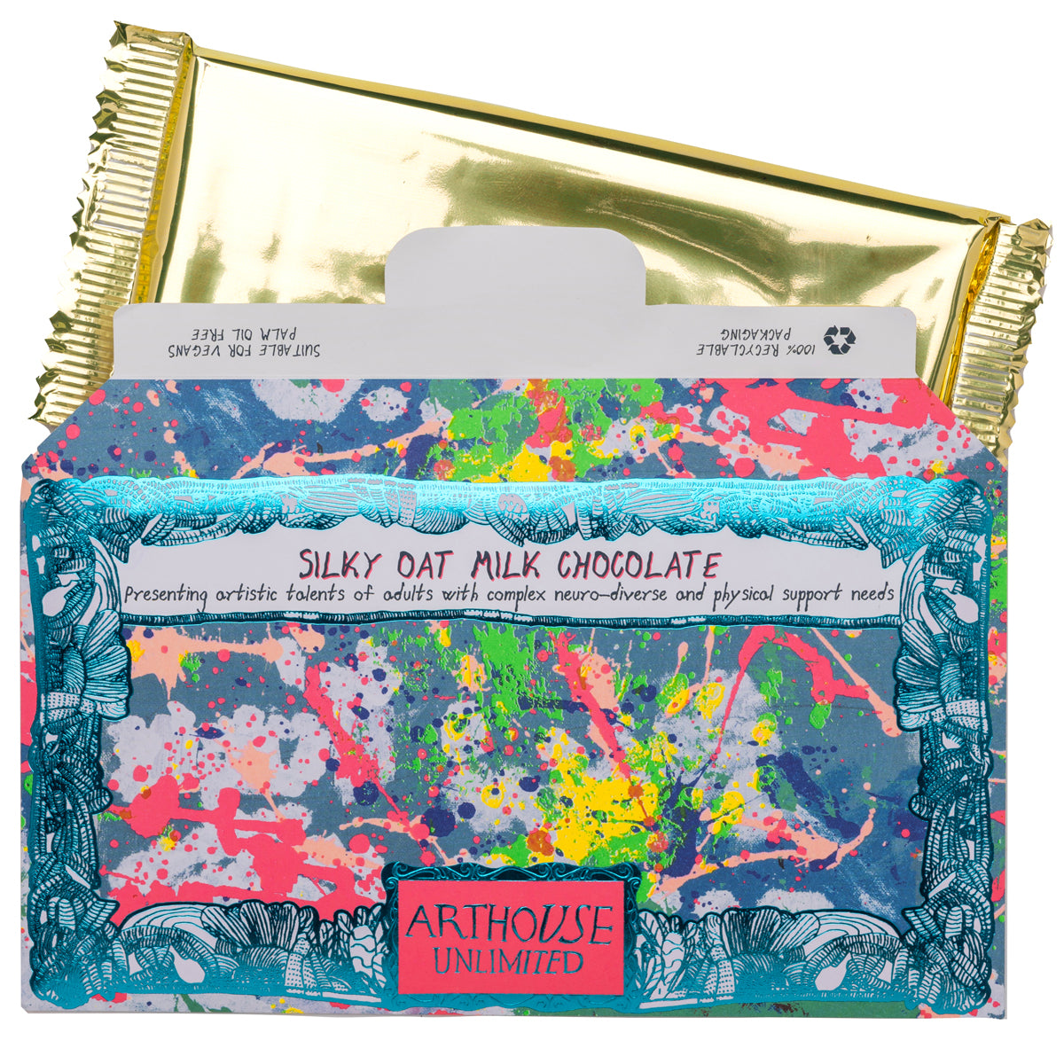 Front of Spring silky oat milk chocolate bar showing golden wrapper