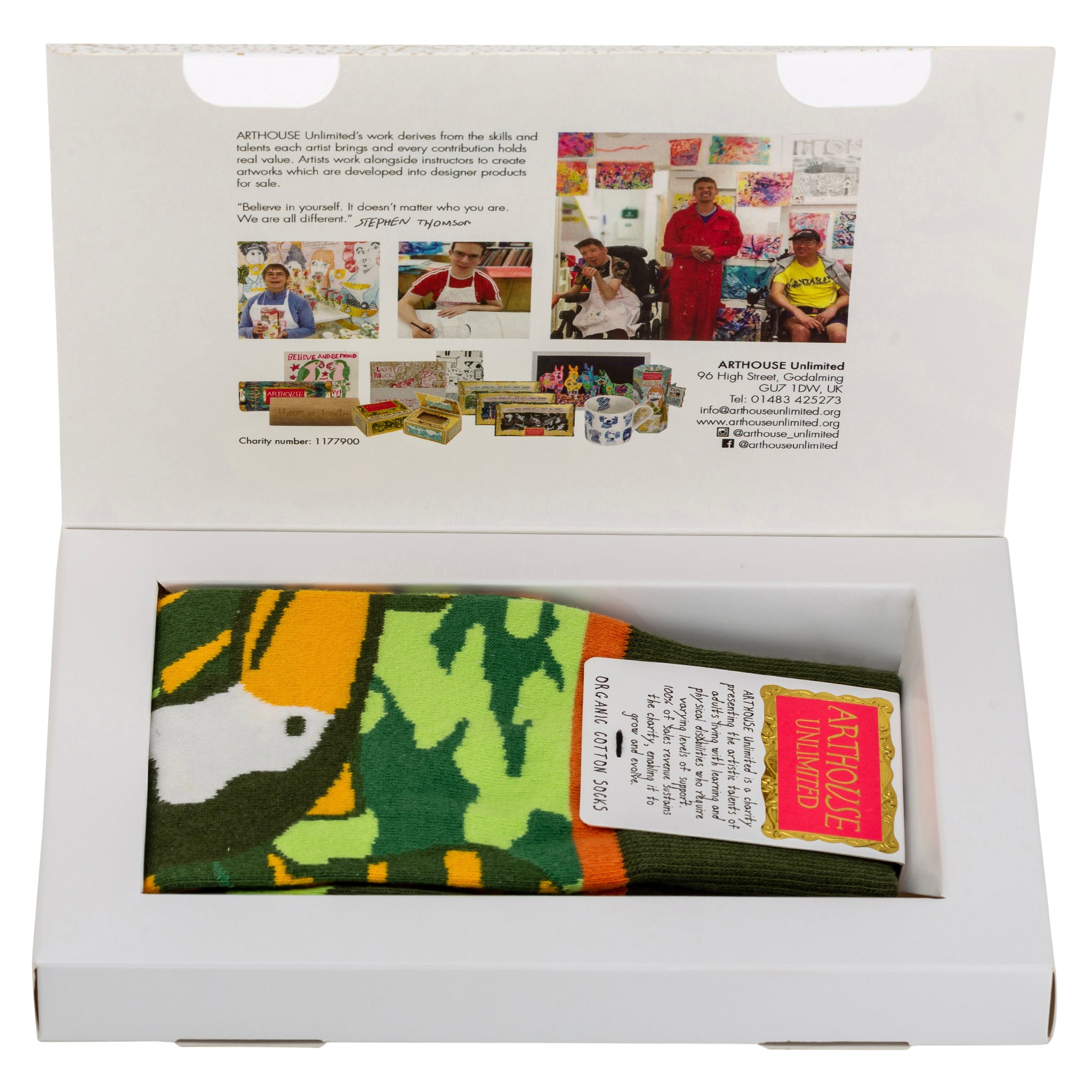 Open box showing Amazon, Organic Cotton Socks