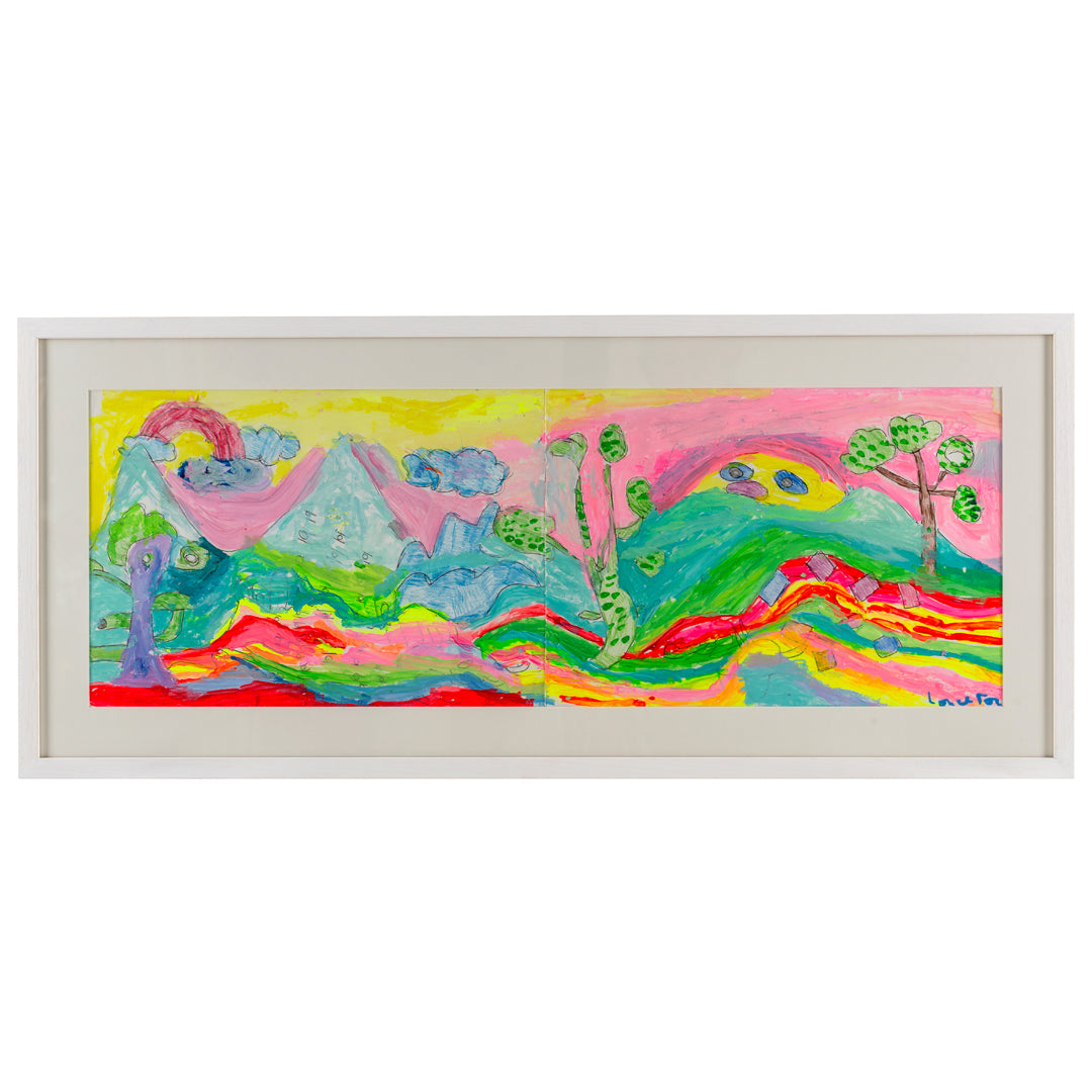 Framed bright coloured painting of a landscape