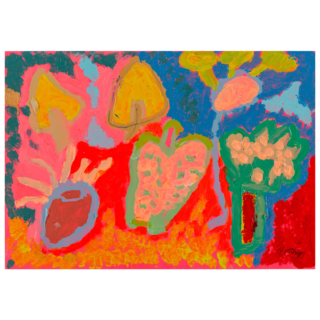 Unframed bright coloured painting of peppers