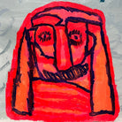 Close up of a painting of a red character