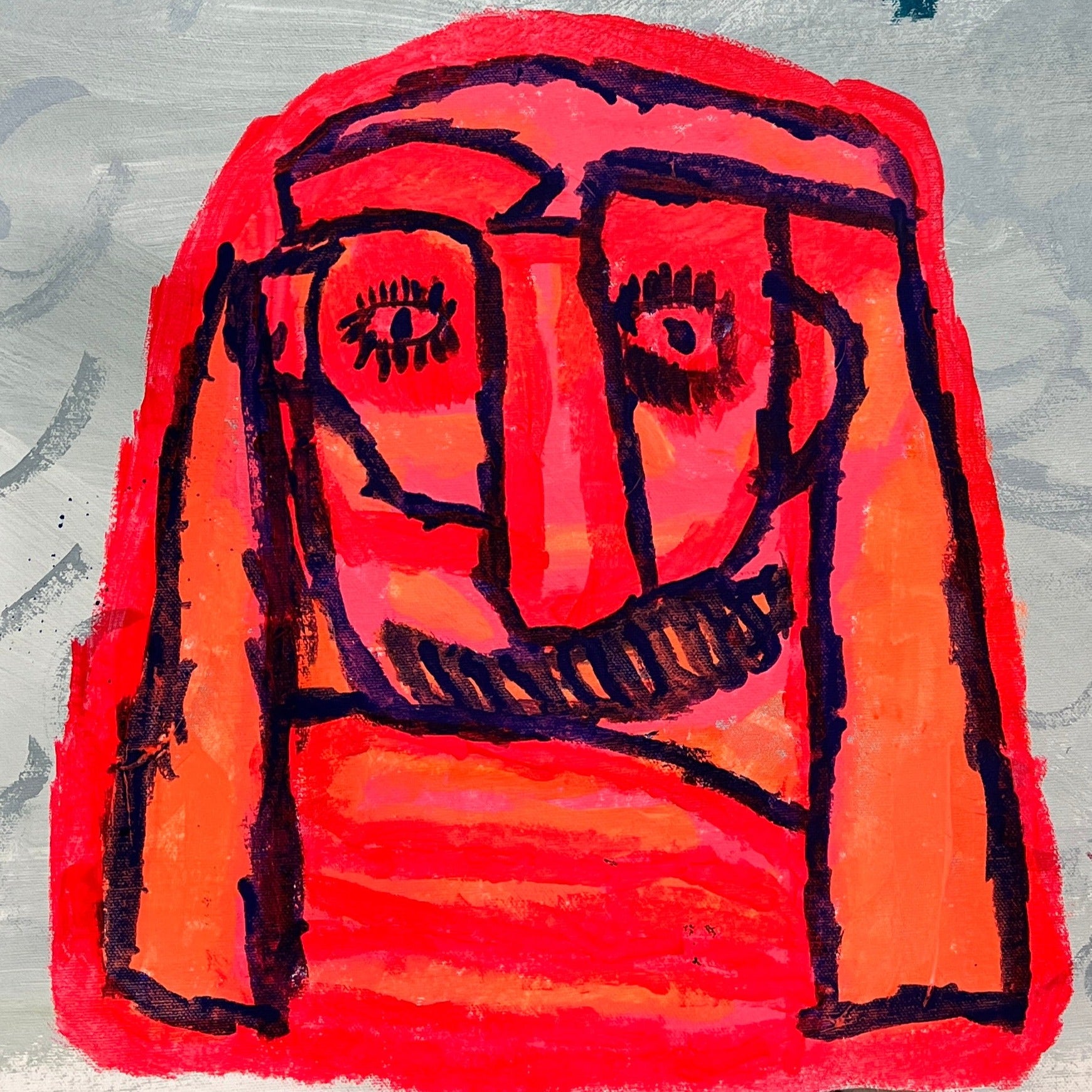 Close up of a painting of a red character 