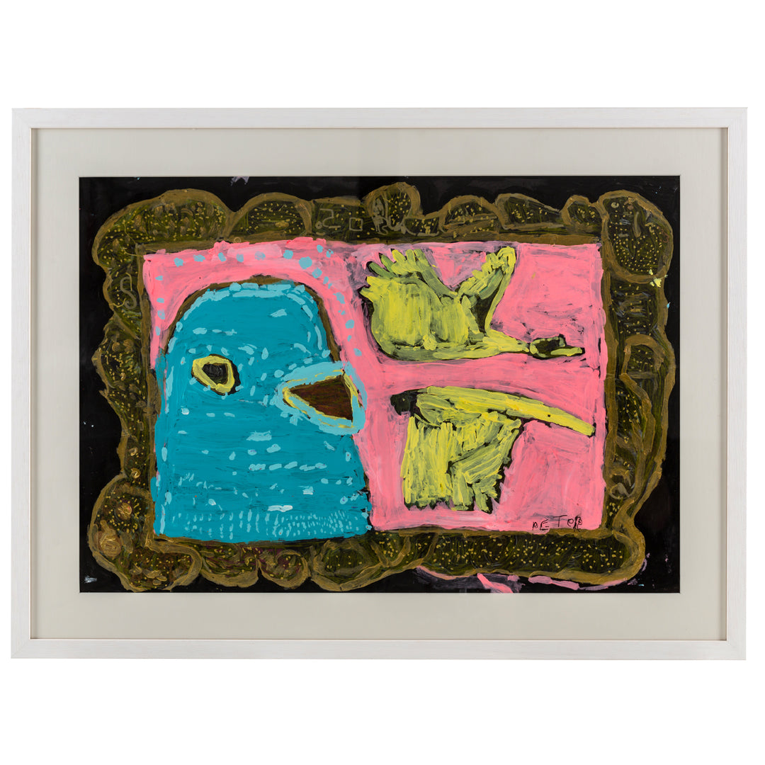 Framed painting of 3 pigeons in pink, gold and blue