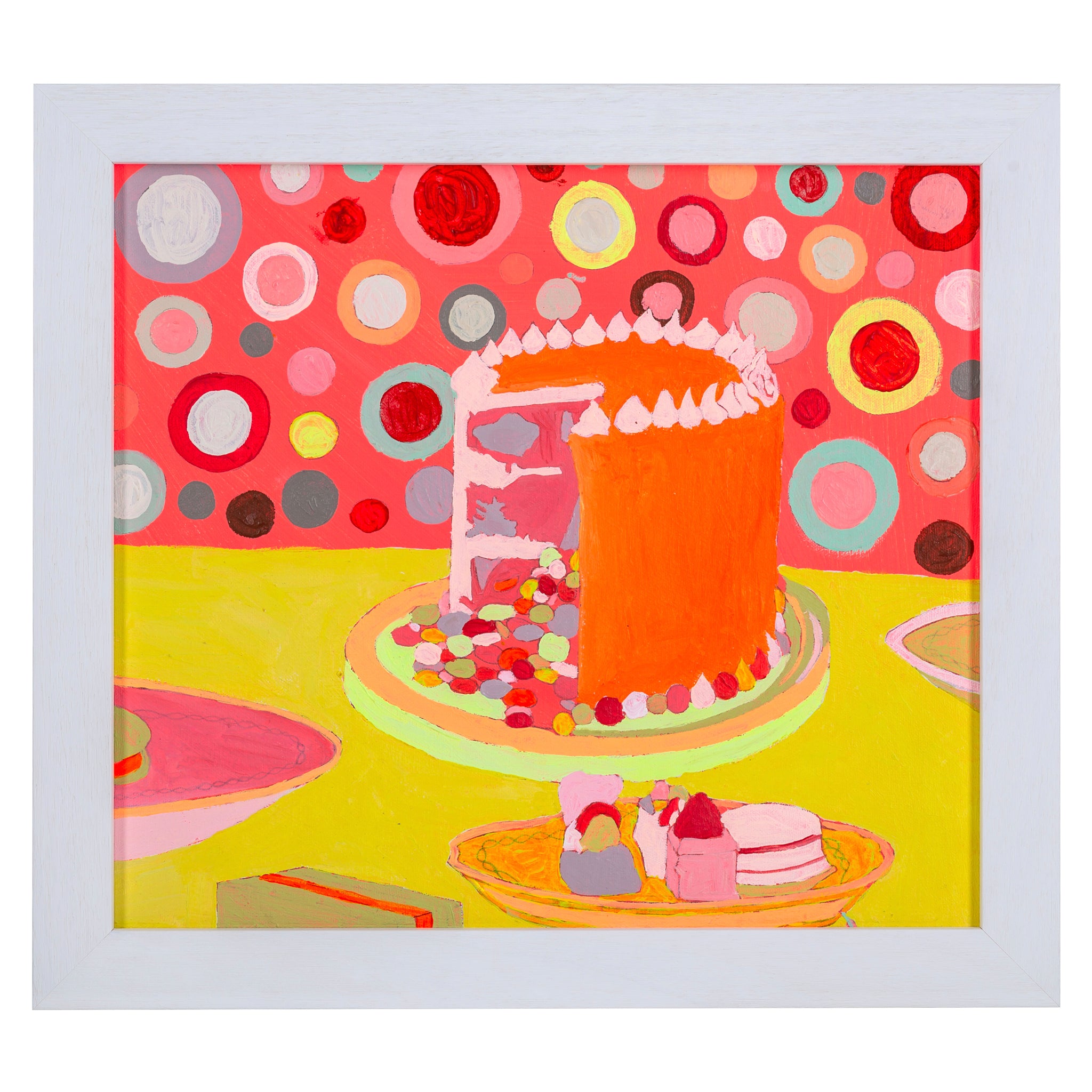 Framed hand painted celebration cake in pinks, oranges and yellow