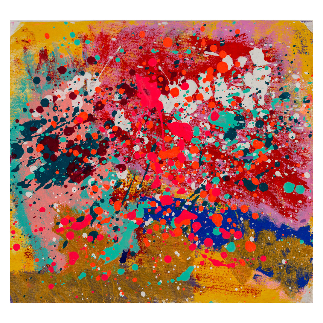 Unframed painting of lots of splats in orange, pinks, blue, yellow and green 