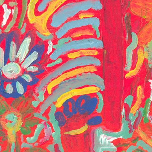 Close up of a hand painted floral design in reds, blues and yellows