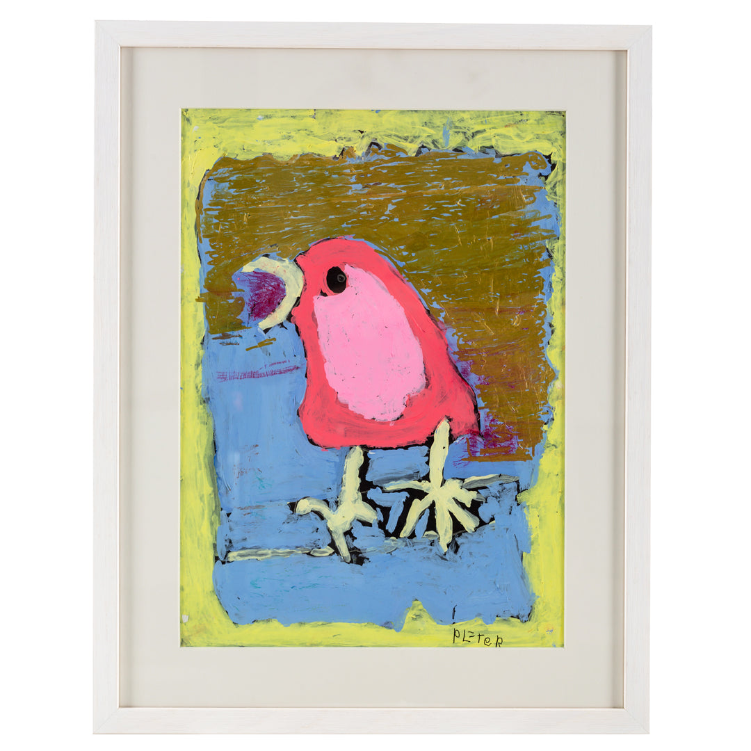 Male artist holding Framed painting of a pink bird on a gold and blue background