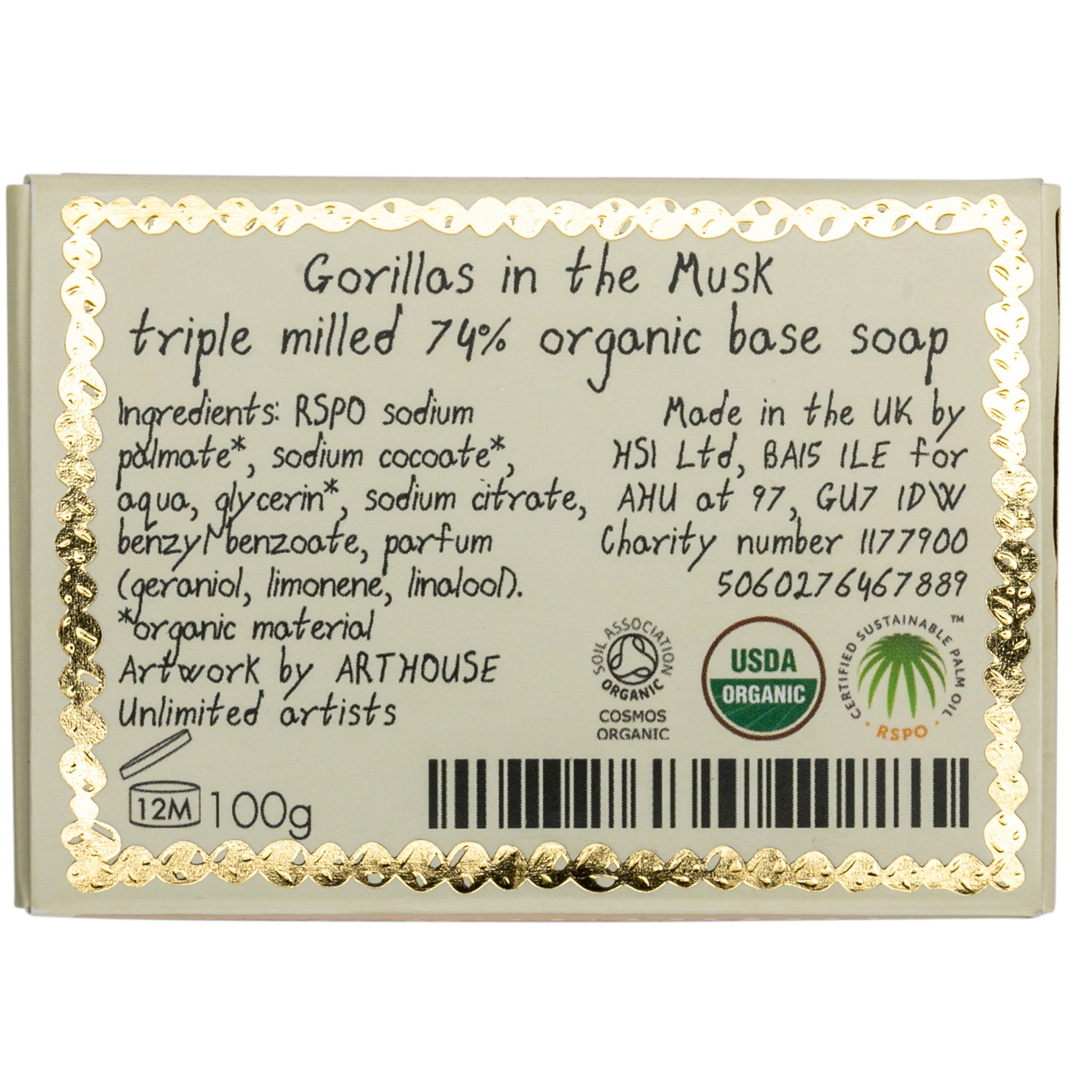 Gorillas, Triple Milled Organic Soap Slab, back of box