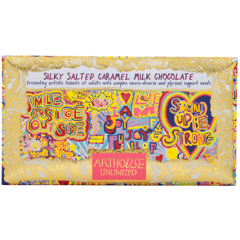 Golden, red and yellow packet of Full of Joy, silky salted caramel milk chocolate bar
