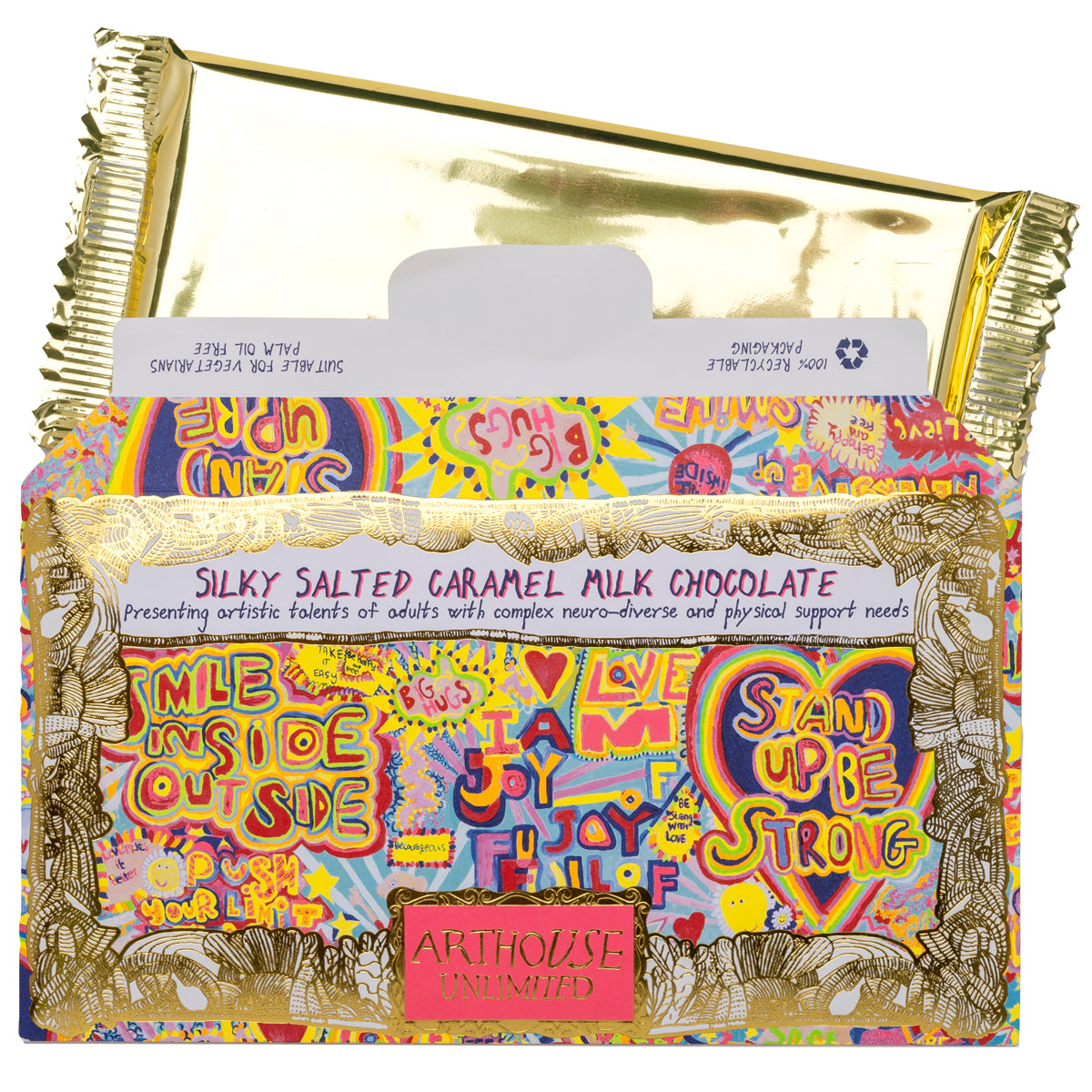 Open packet of Full of Joy silky salted caramel milk chocolate bar with golden foil