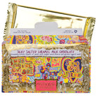 Open packet of Full of Joy silky salted caramel milk chocolate bar with golden foil
