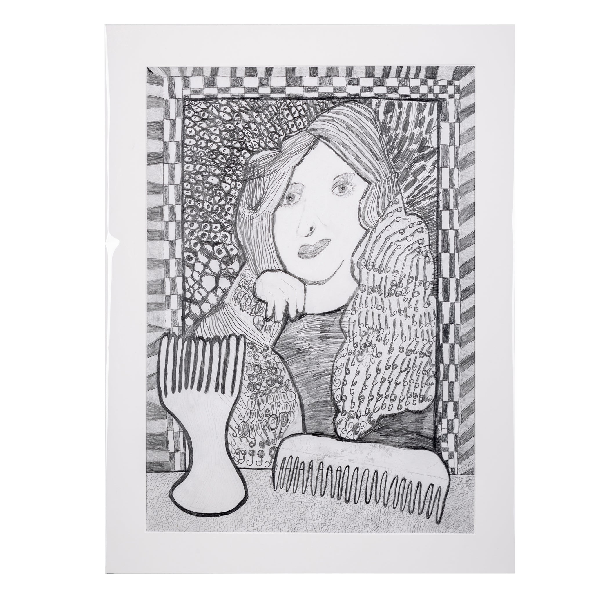 A hand drawn picture in pencil of a woman in front of a mirror with two hair brushes