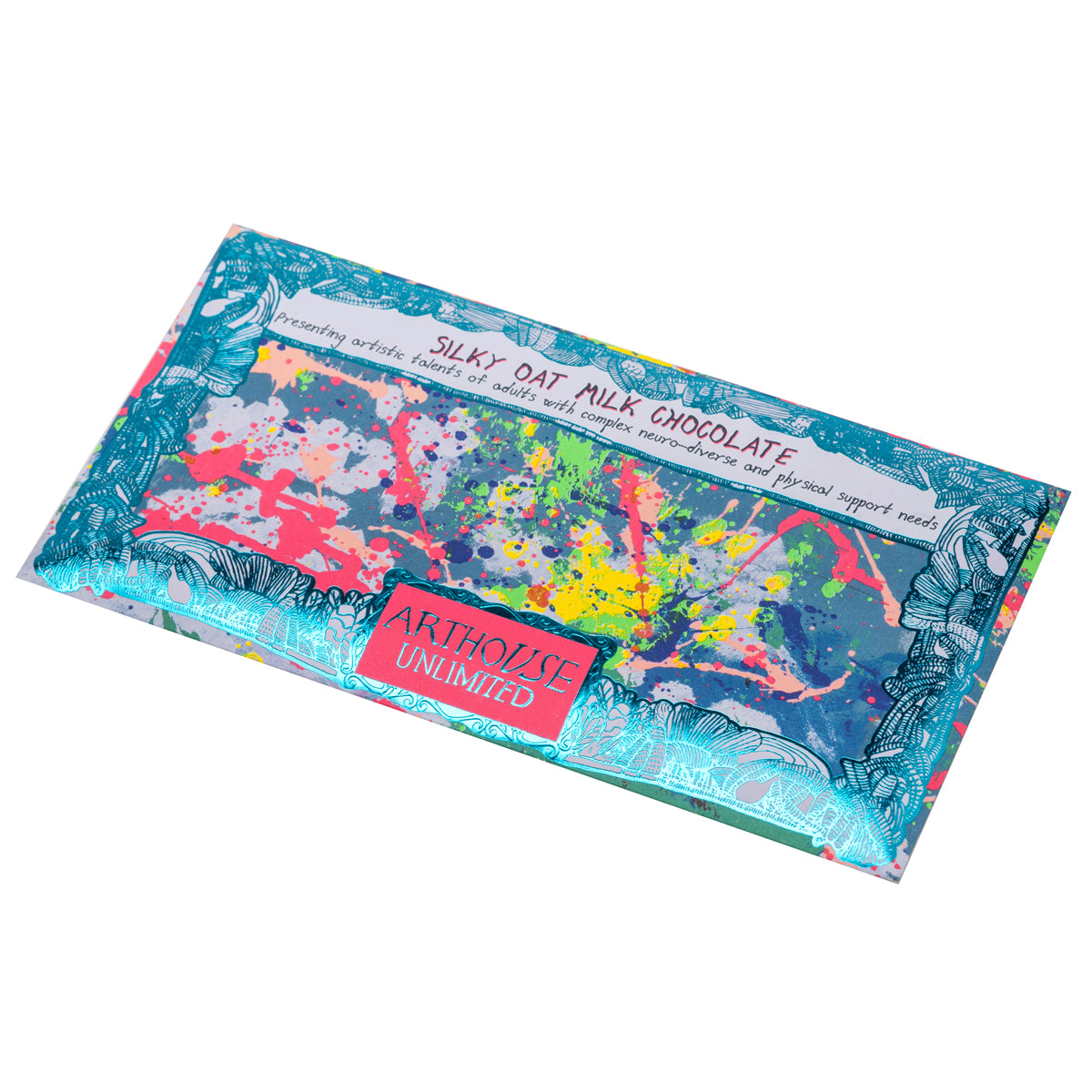 Blue, pink and yellow packet of Spring, silky oat milk chocolate bar