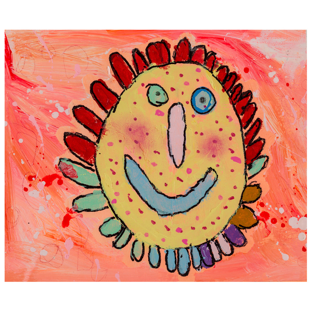 Unframed colourful painting of a sun mask