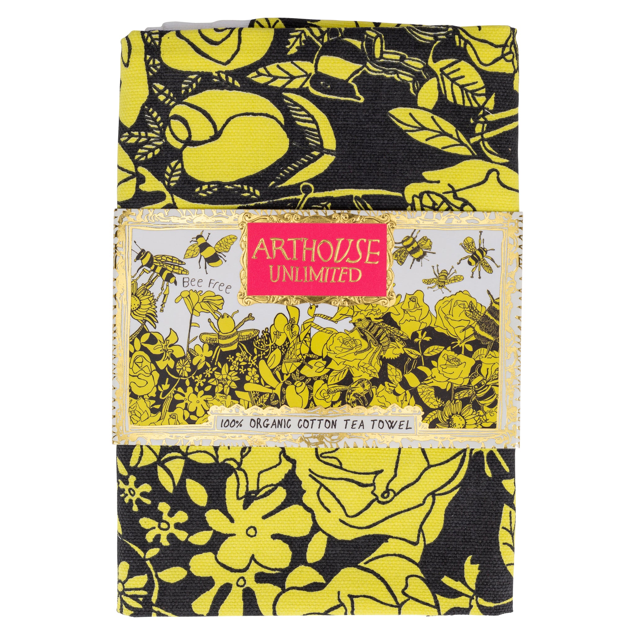 black and yellow Bee Free, 100% Organic Cotton Tea Towel with arthouse unlimited belly band 
