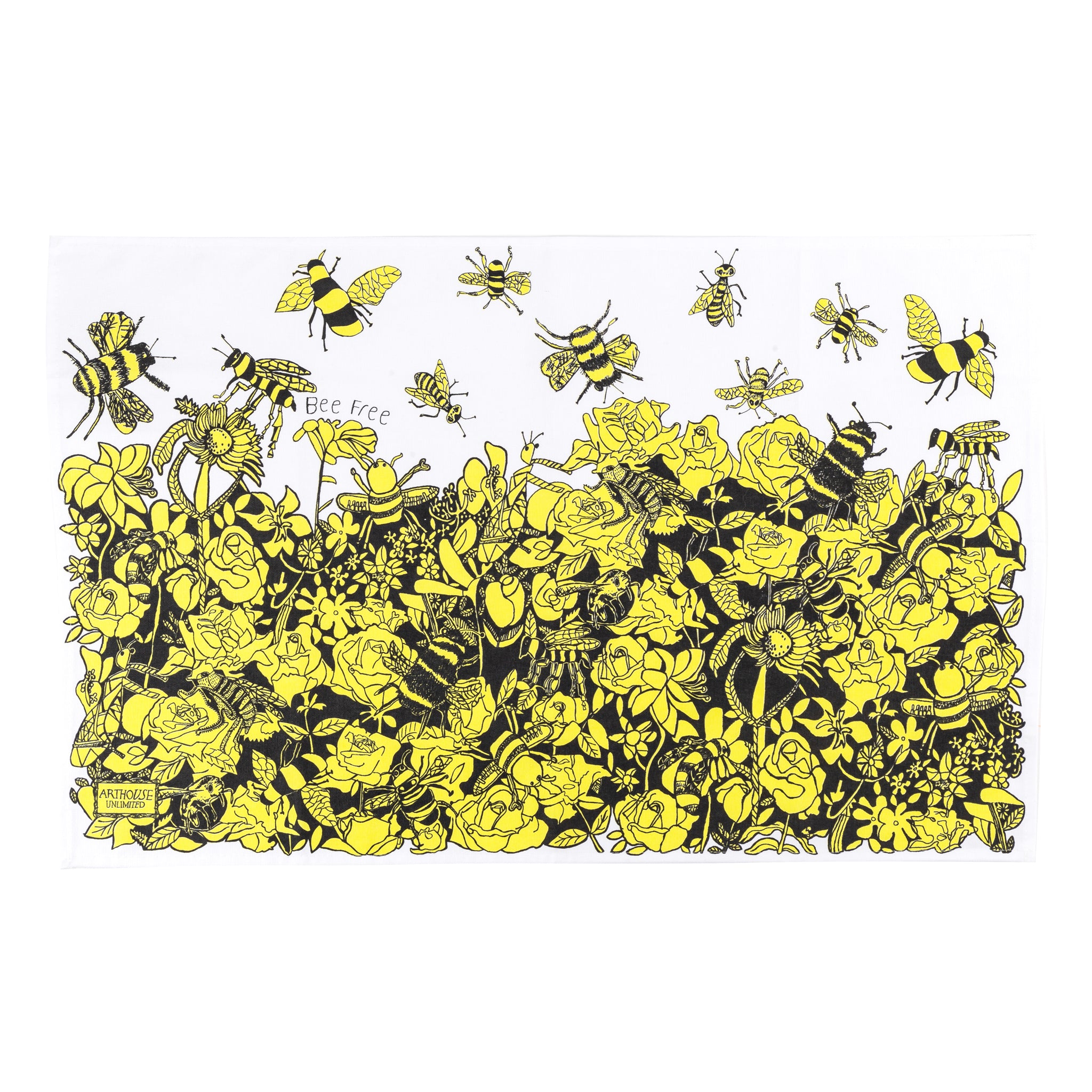 Black and yellow Bee Free, 100% Organic Cotton Tea Towel