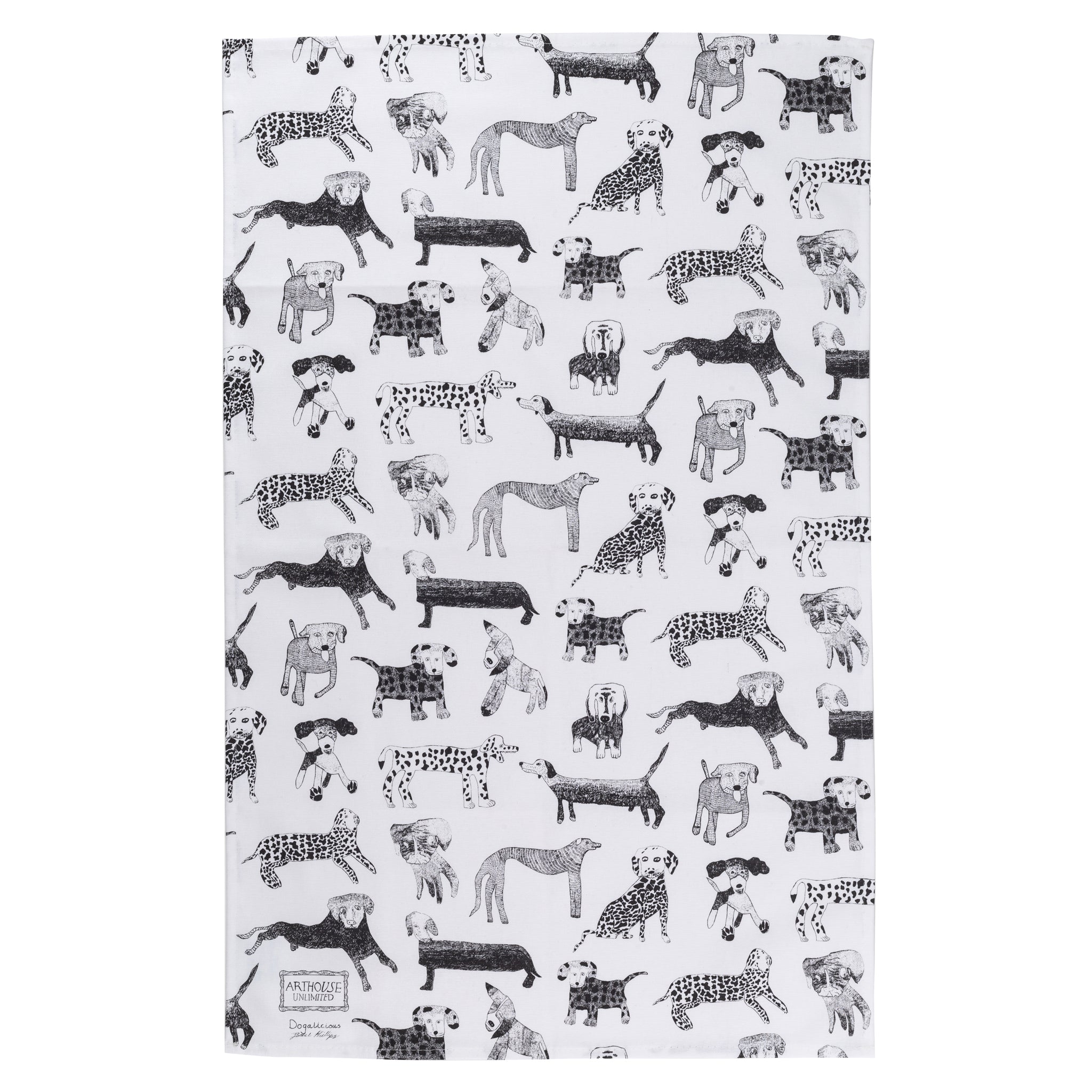 Dogalicious, 100% Organic Cotton Tea Towel with black sketched dogs