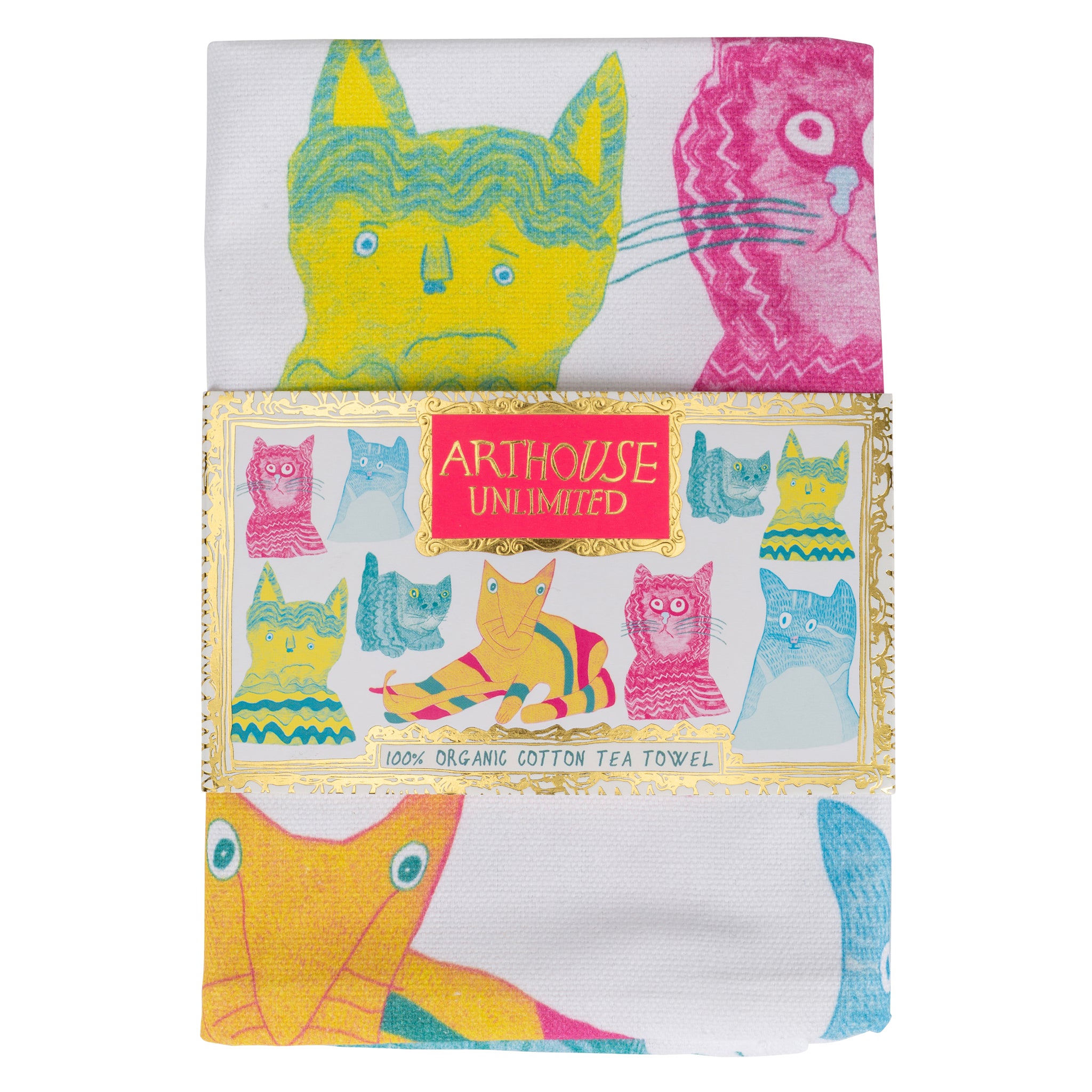 Bright coloured Miaow for Now, 100% Organic Cotton Tea Towel with arthouse unlimited belly band