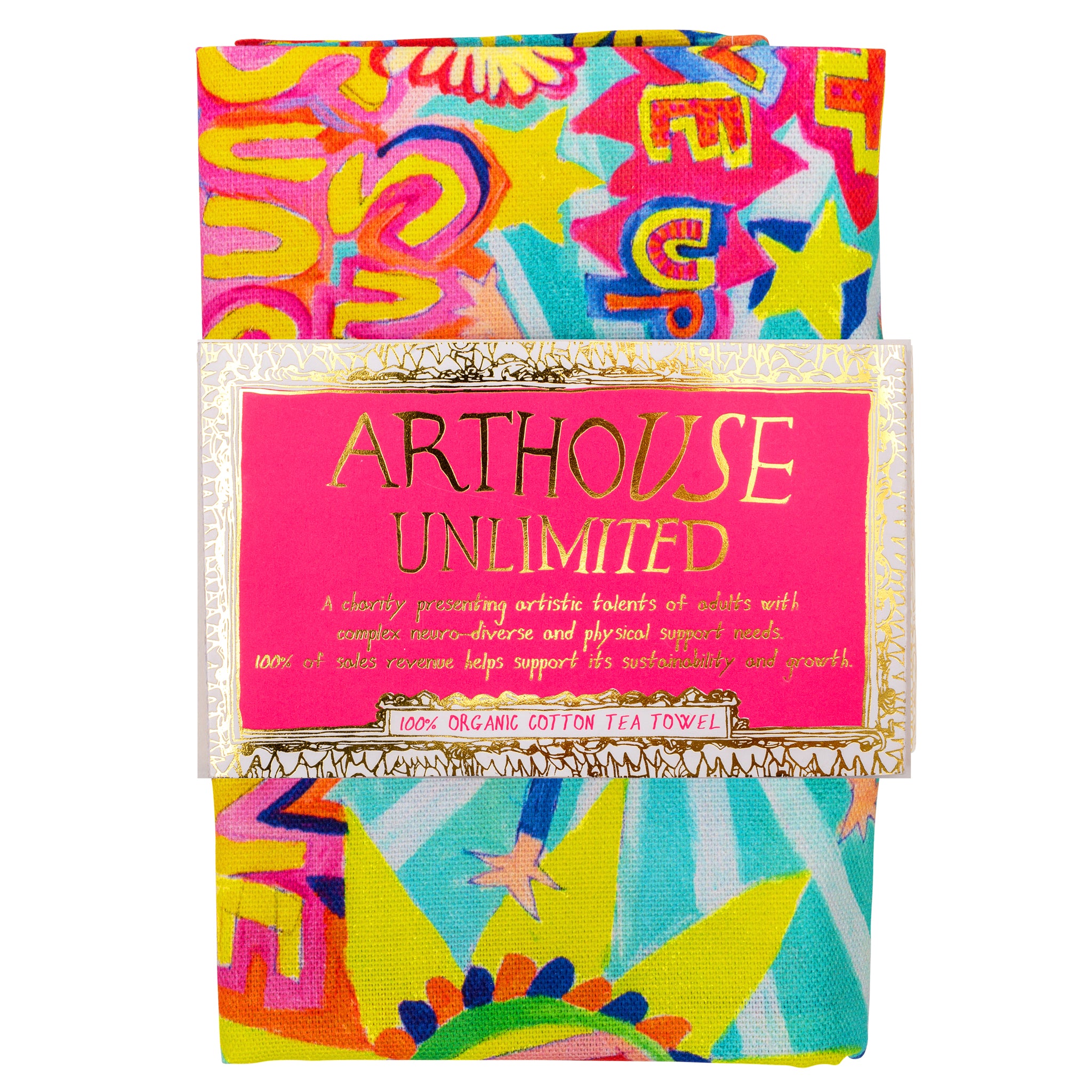 Bright coloured Full of Joy, 100% Organic Cotton Tea Towel with arthouse unlimited belly band 