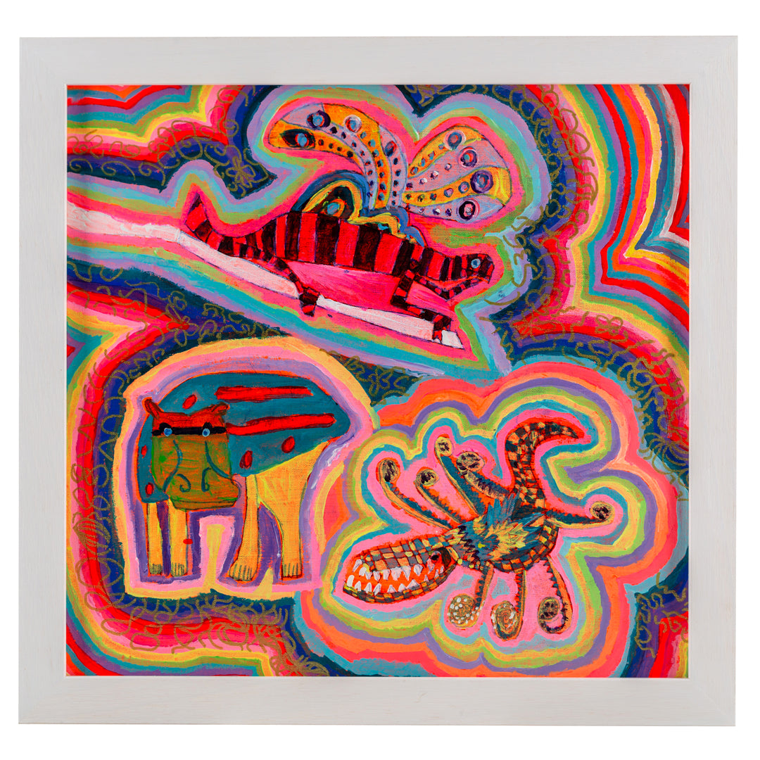 Framed painting of bright coloured strange creatures