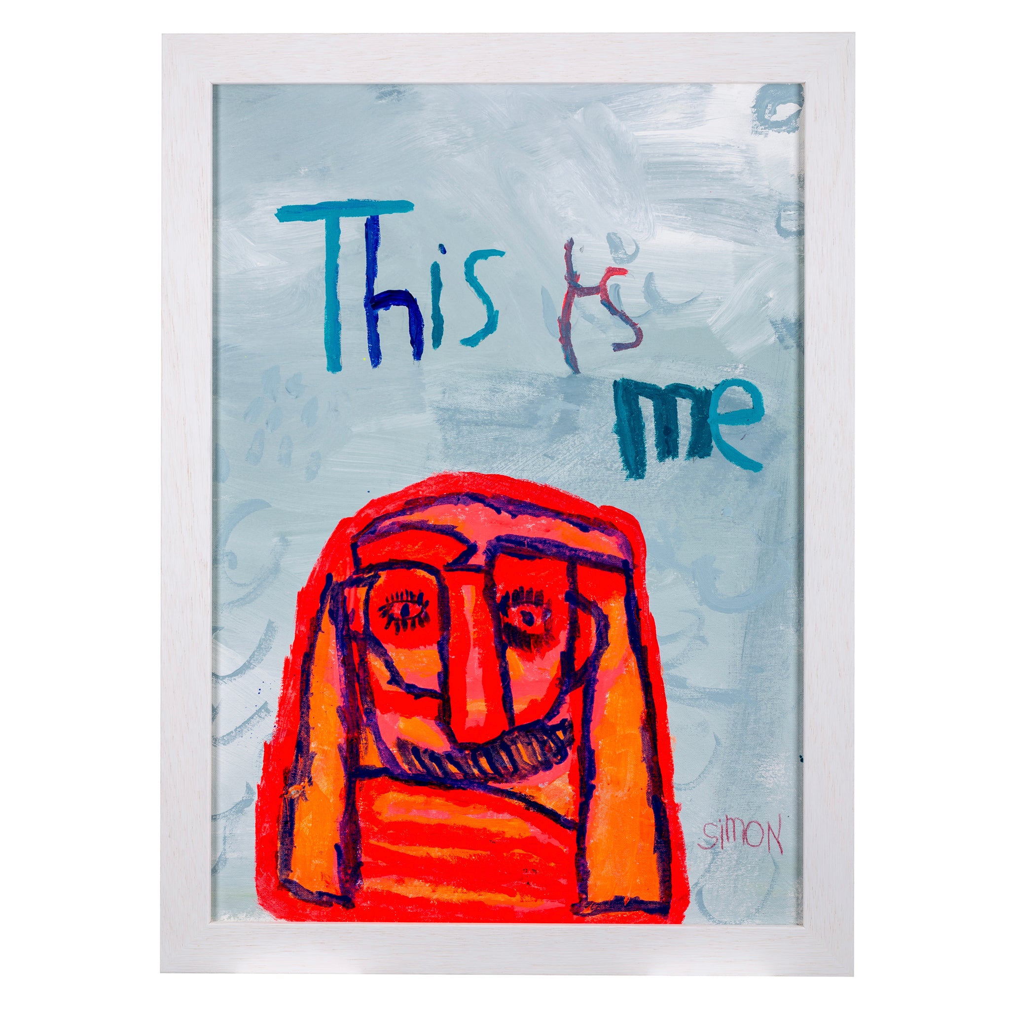 Framed painted image of a red character with the words This is Me above
