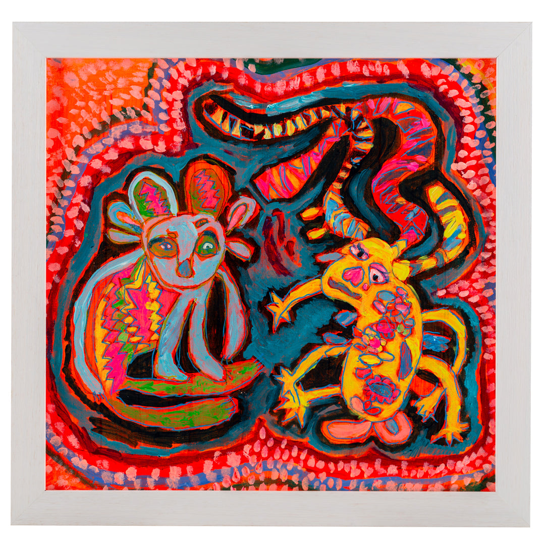 Framed painting of bright coloured creatures